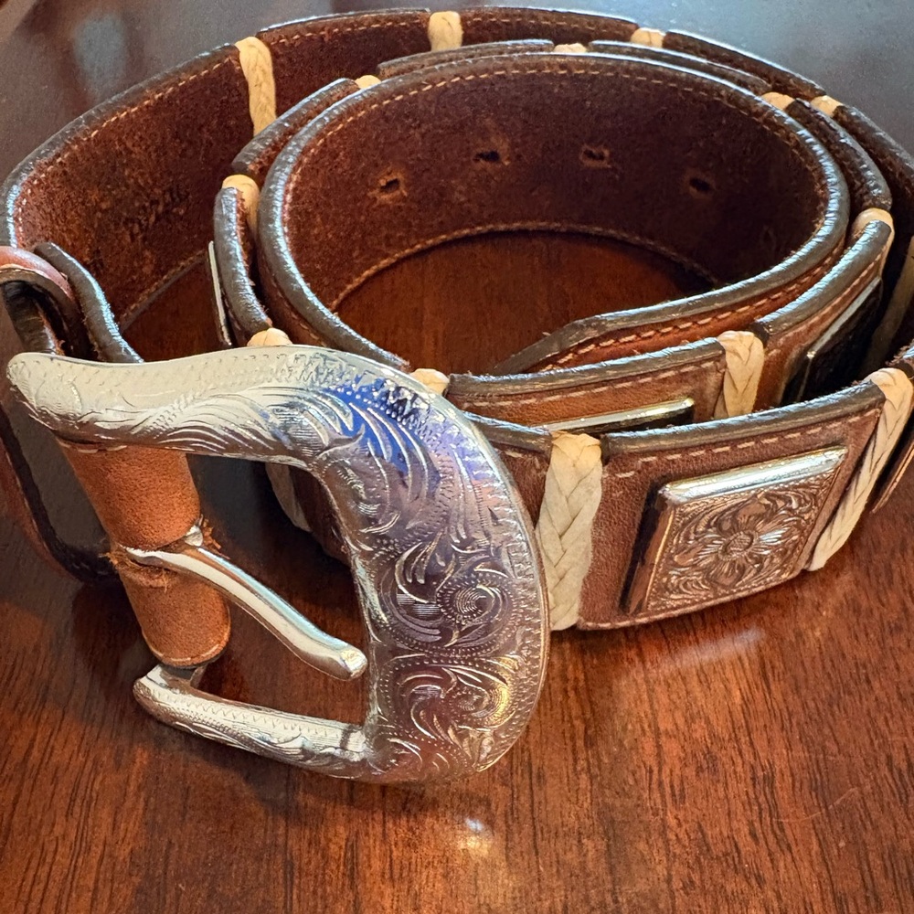Vintage Tony Lama Leather and Silver Belt.  Size 36.